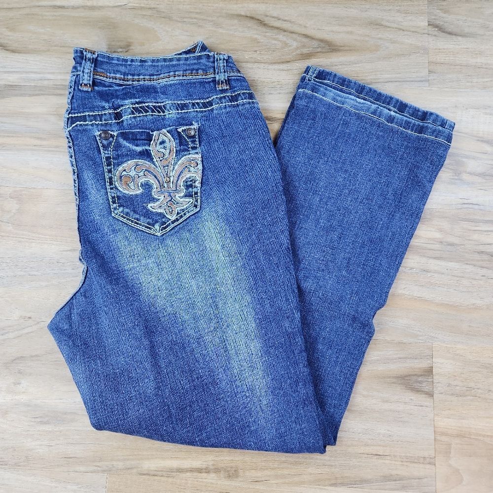 💇‍♀️Lane Bryant Blue Fleur de Lis Embroider Studded Pocket Denim Jeans Size 18